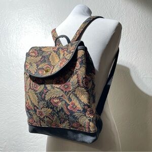 Vintage 70s Floral Tapestry Leather Backpack Hippie Festival Hiking